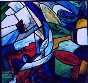 farbiges Glasbild, symbolhafte Darstellung eines Weges zum himmlischen Jerusalem