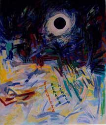 Gemälde von der Sonnenfinsternis mit sehr bunten Farben, die aus der Dunkelheit entstehen