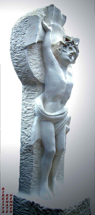 stone sculpture of a hanging man, seen from the far left