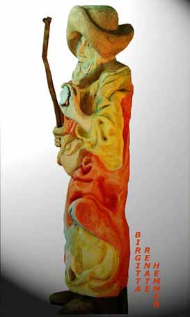 Sculpture sur bois de Jacques avec coquille,bâton et long manteau peinte en couleurs